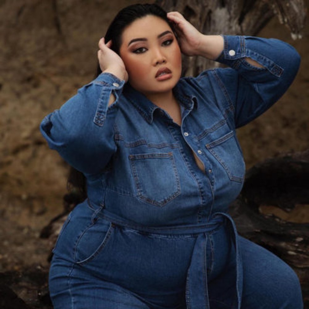 Eloquii 22 long sleeved denim jumpsuit with tie belt